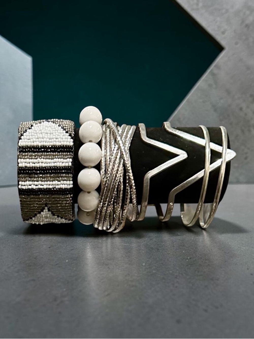 Signature Faith Boho Bead & Silver Cuff Bracelet Stack Set Geometric Tribal
